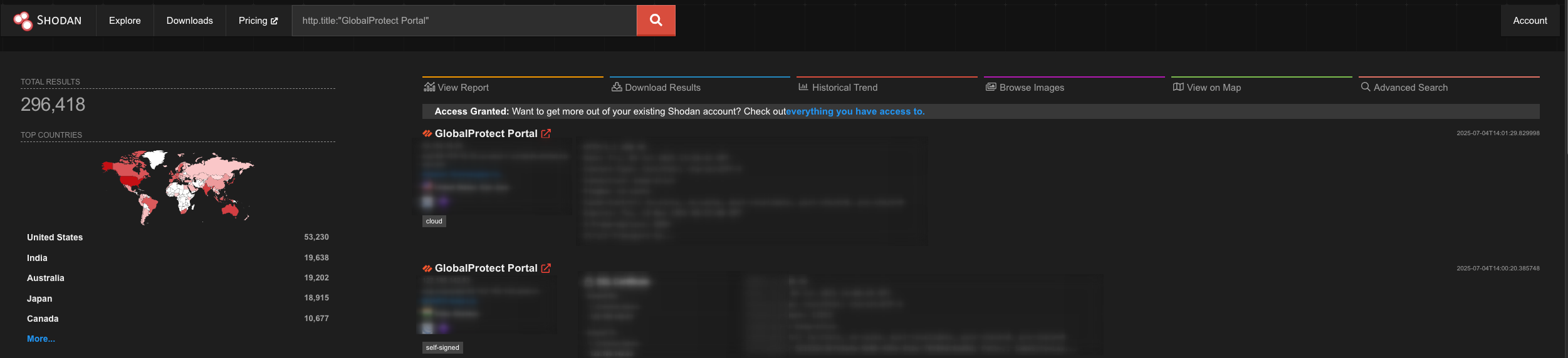 Shodan’s search for pages with Global Protect