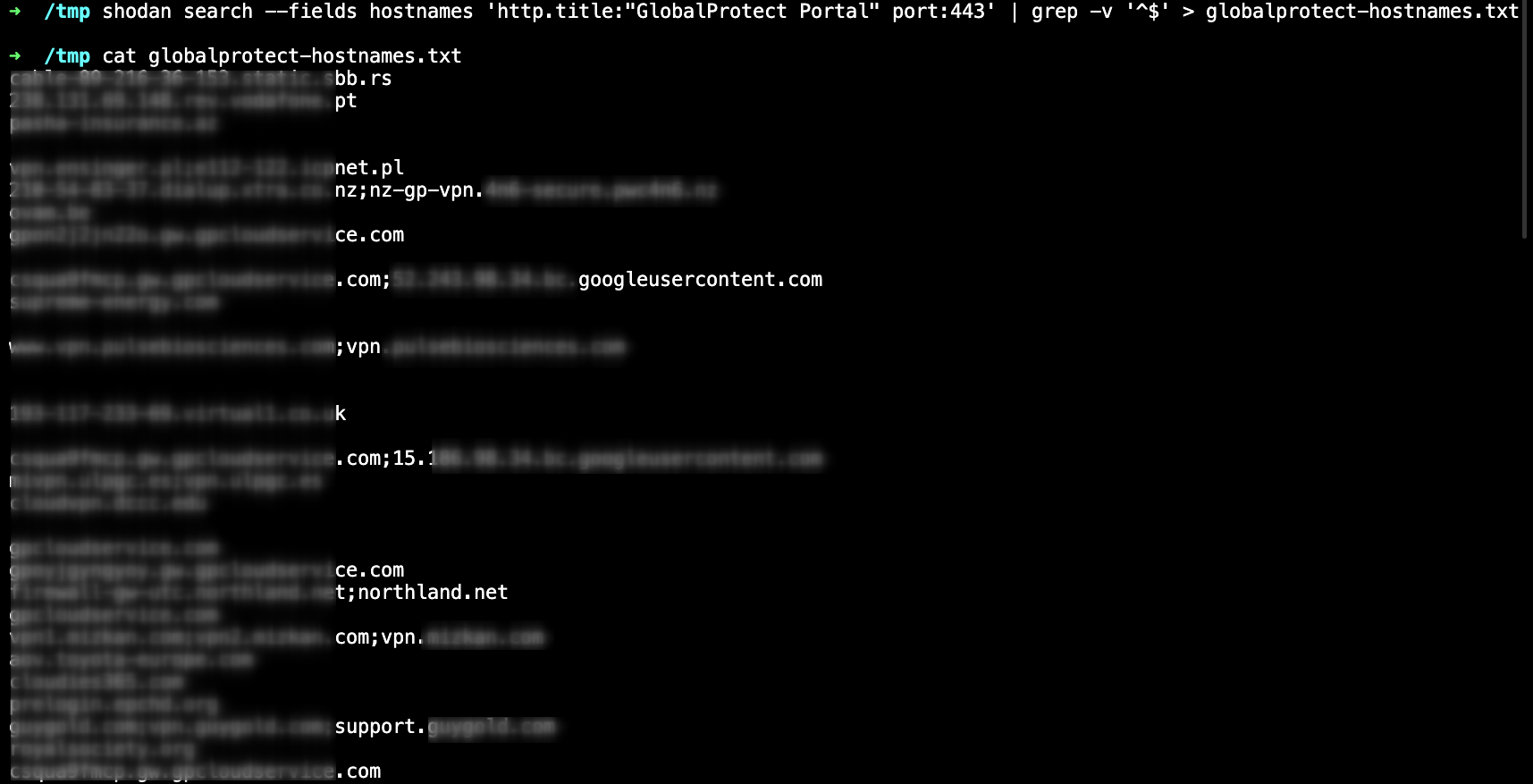 Shodan CLI used to export pages with Global Protect