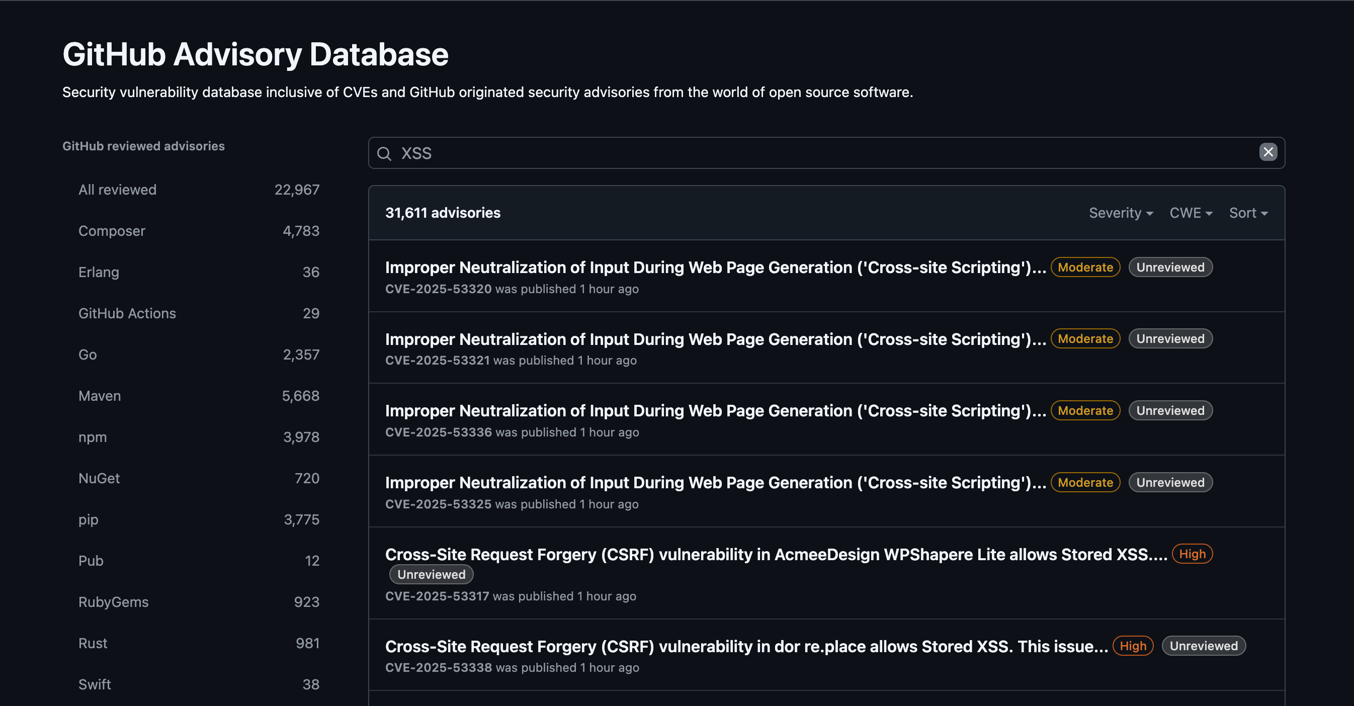 XSS search on GitHub Advisory Database